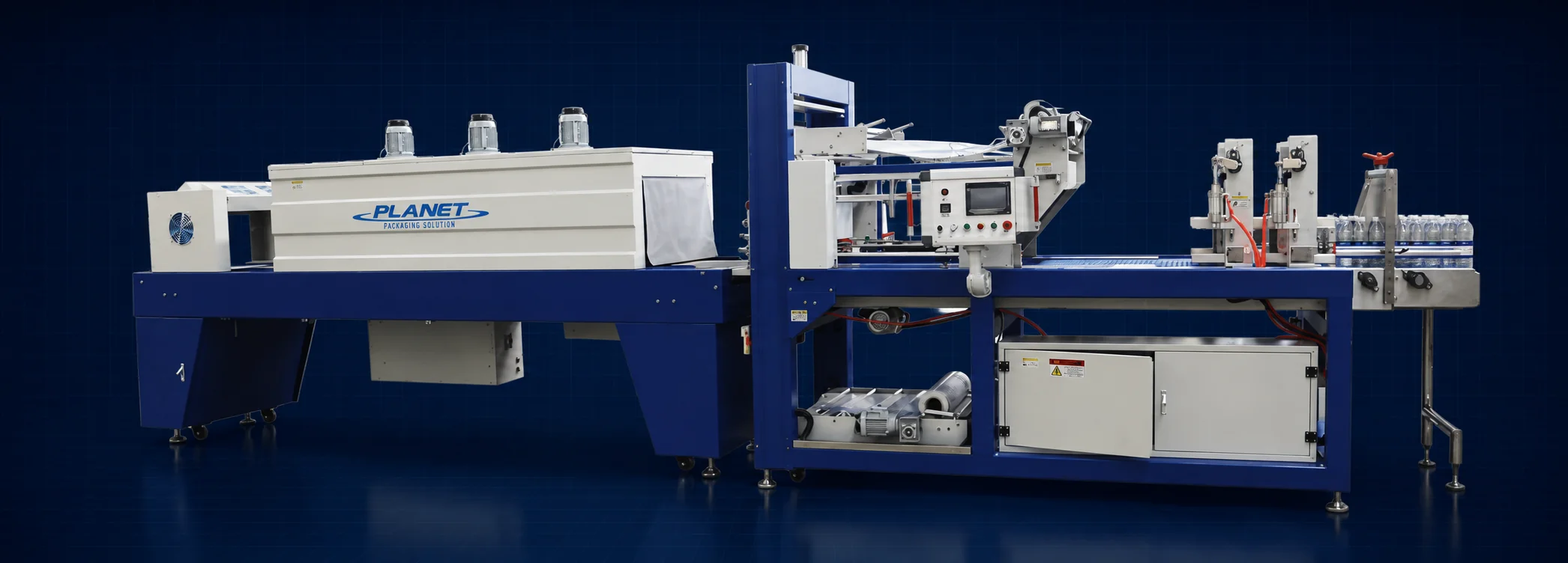 Automatic shrink wrapping and secondary packaging machine for bottled beverages, Planet Machinery
