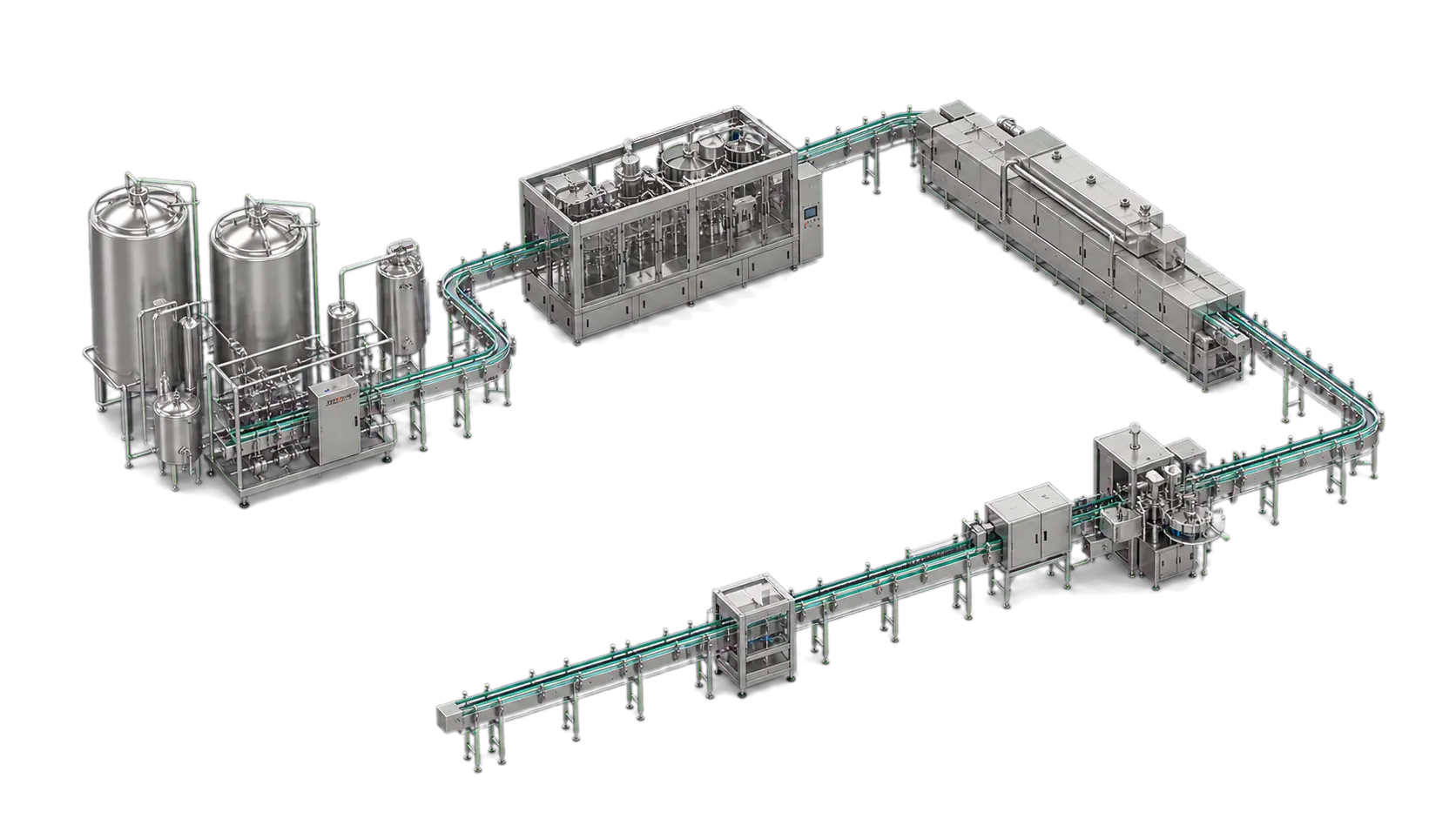 Isometric beer bottling line with bright tanks, bottle filler capper and pasteurizer conveyors, Planet Machinery