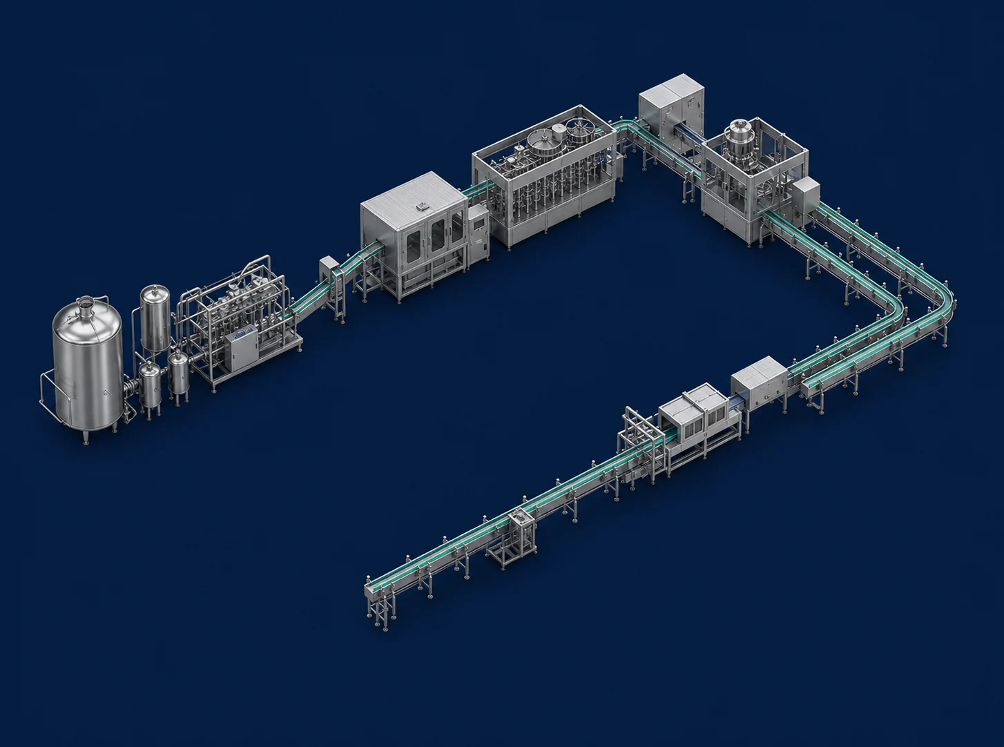 Isometric carbonated soft drink filling line with counter-pressure filler and teal conveyors, Planet Machinery
