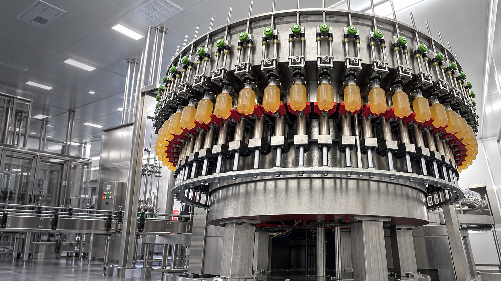 Rotary PET bottle beer filling machine operating inside a stainless-steel production room