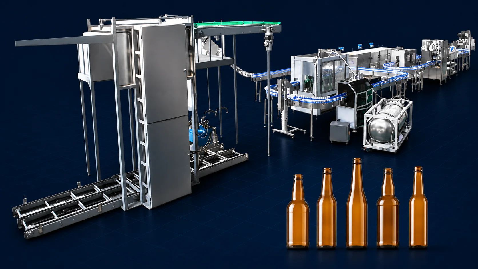 Complete isometric beer bottling and packaging line