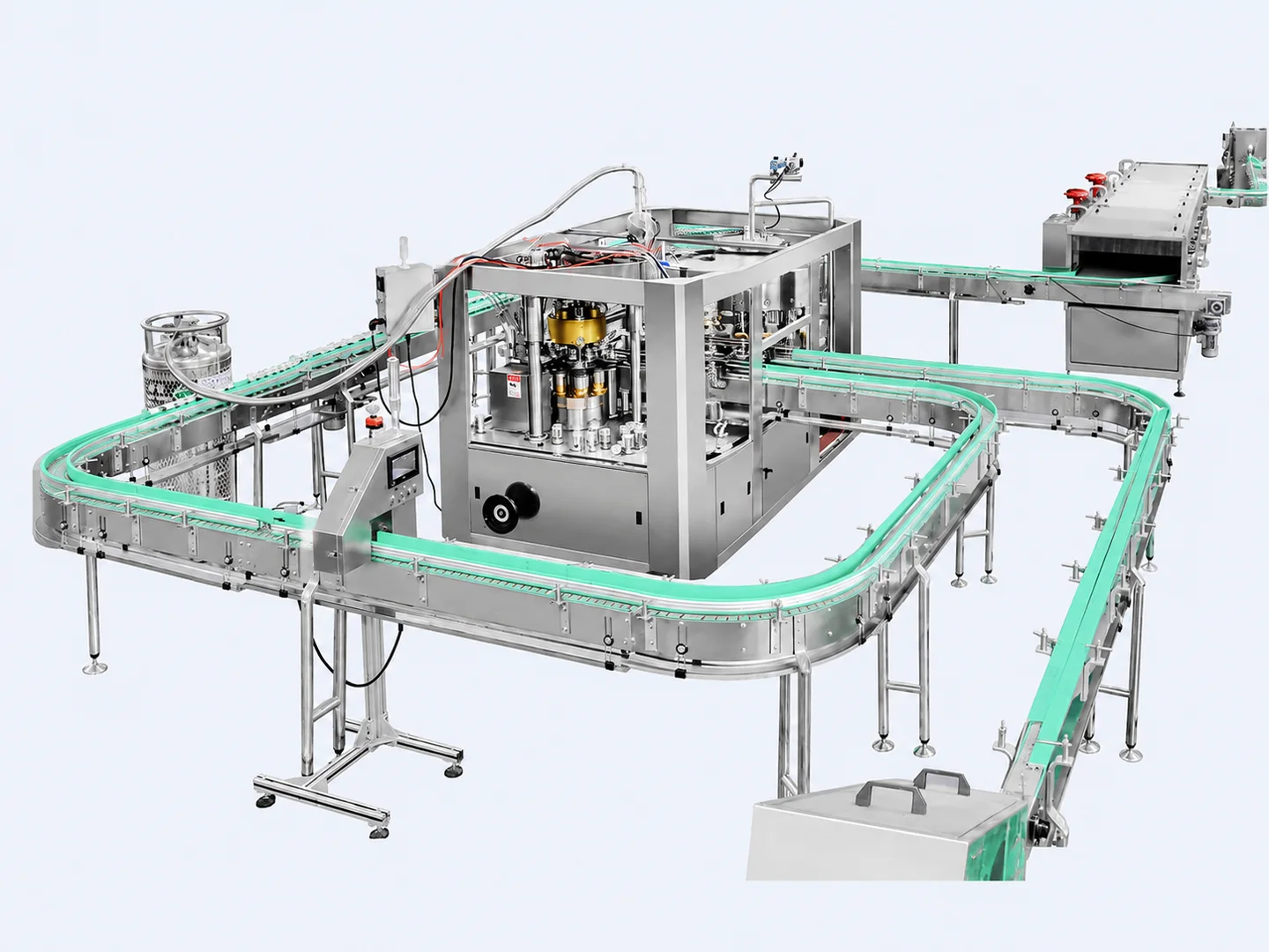 Illustrative connected can filling and packaging line arrangement
