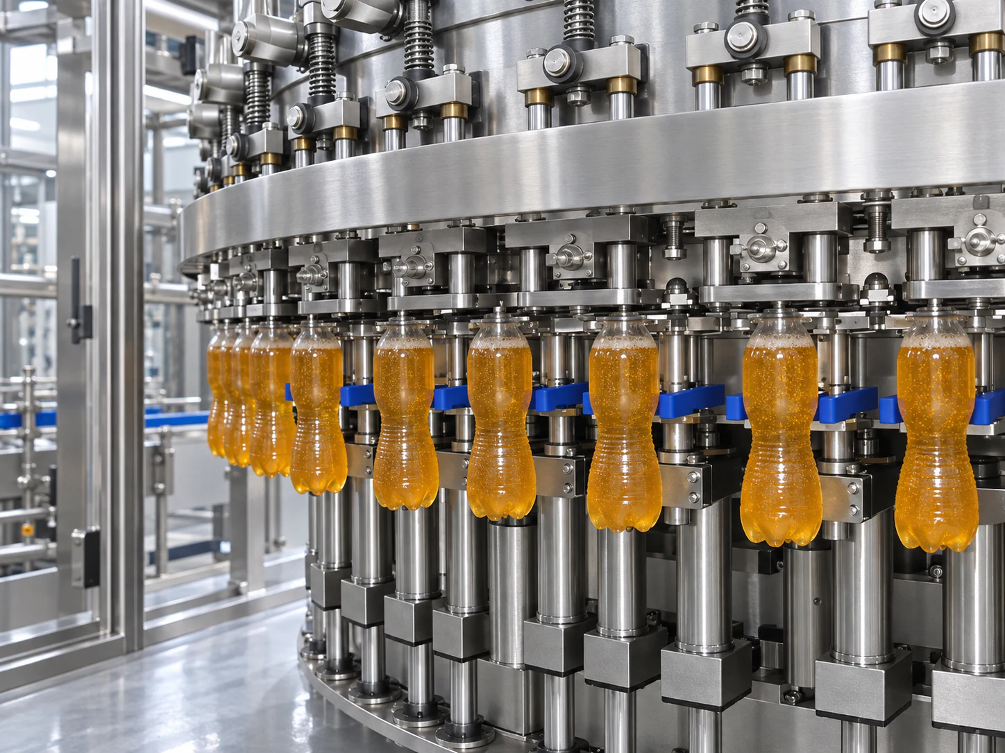 Amber carbonated drink filling into clear PET bottles on a stainless-steel rotary filling machine