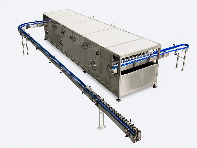 Stainless-steel bottle cooling tunnel with conveyors