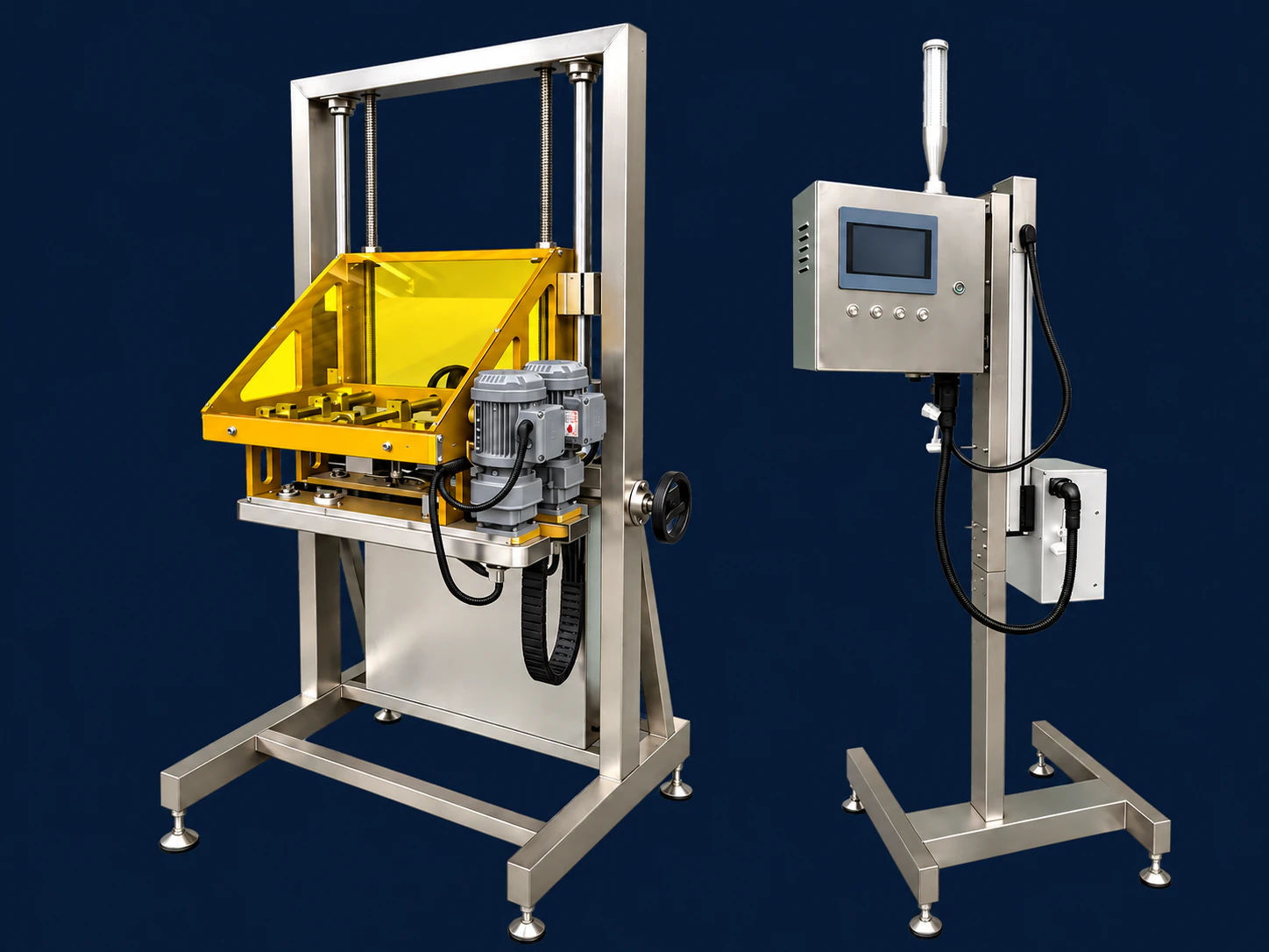 Automatic can inspection and leak-testing machine with a guarded test station and separate control panel