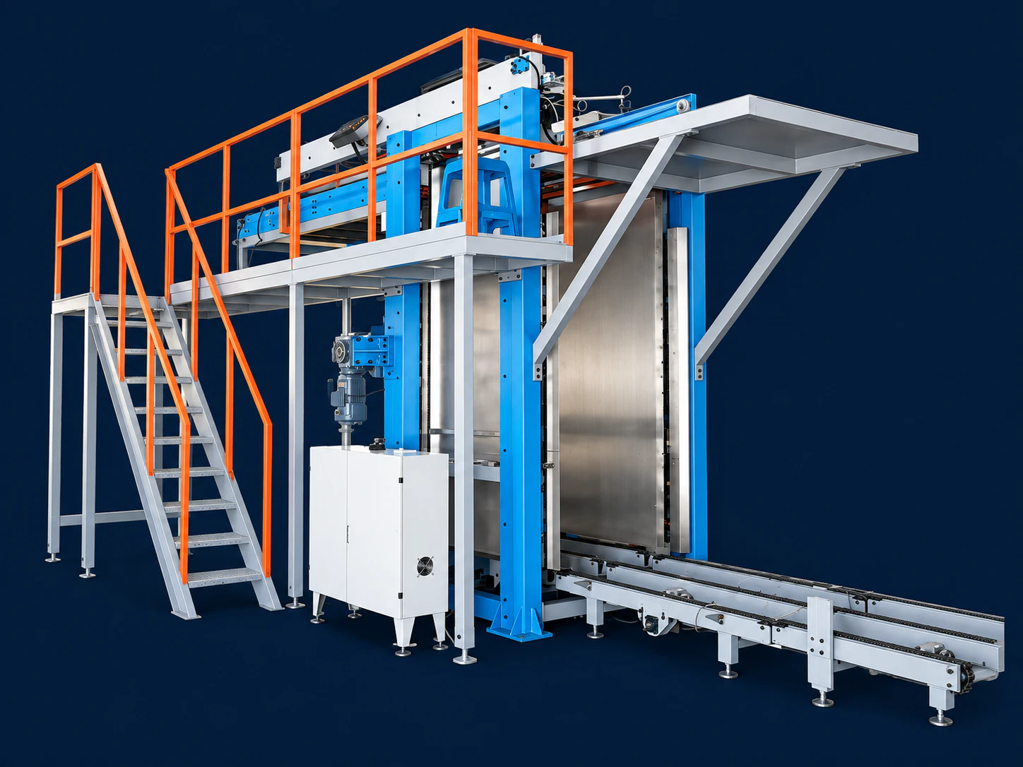 Blue empty-can depalletizing machine with orange safety rails, access stairs and discharge conveyor