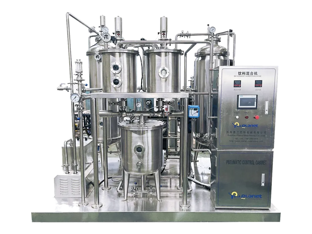 PLANET beverage mixer skid with chilling and carbonation vessels, process piping and a pneumatic control cabinet