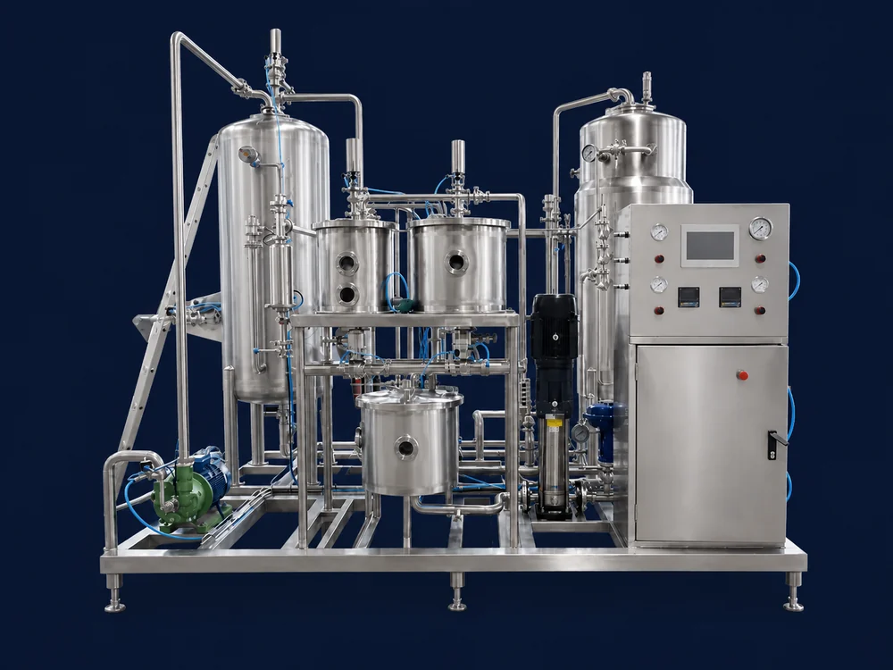 Beverage carbonation skid with stainless-steel process tanks, piping and controls