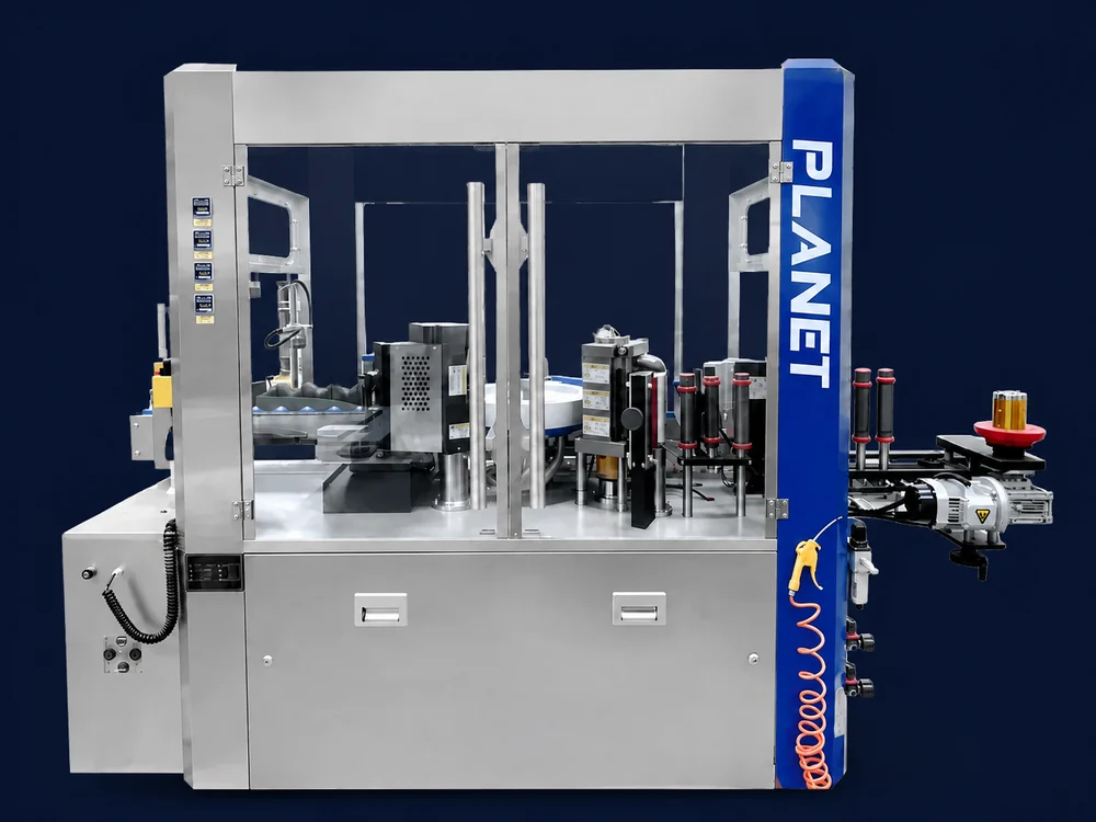 Automatic beverage labeling equipment used as a process illustration