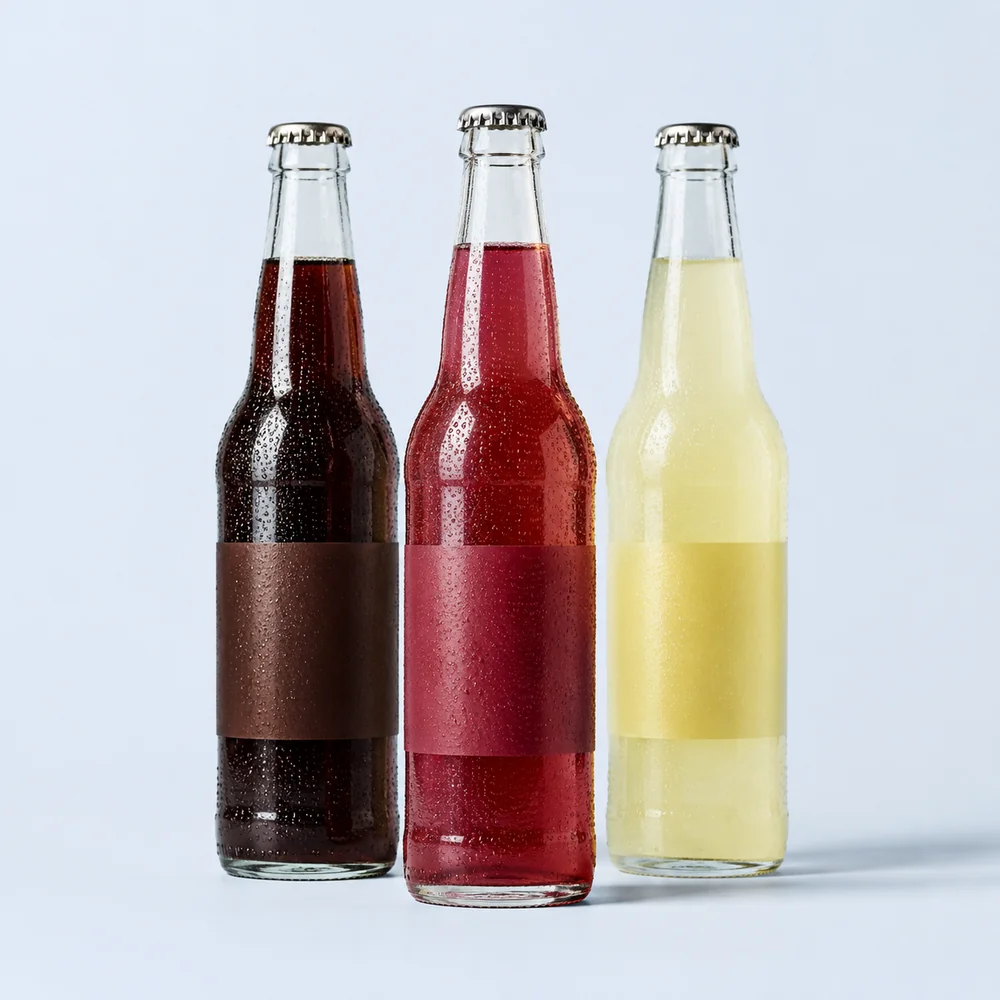 Three glass bottles containing cola, ruby-red sparkling drink and pale lemon soda with crown caps