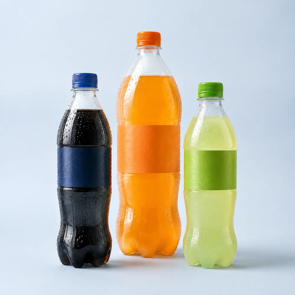Unbranded cola, orange and lemon-lime soft drinks in three capped PET bottles with petaloid bases