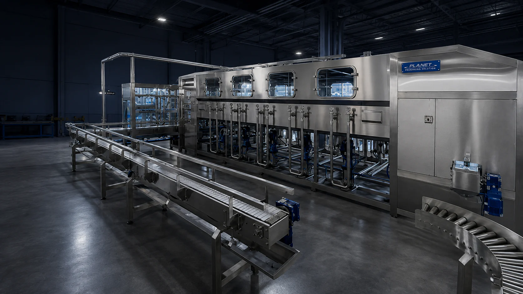 Complete stainless-steel five-gallon returnable-bottle washing and filling line in the machinery assembly workshop