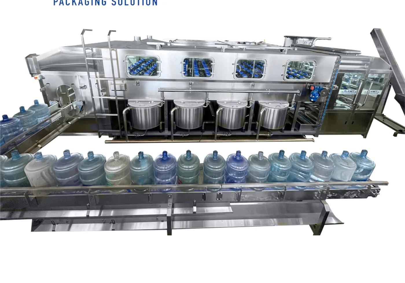 Integrated stainless-steel returnable five-gallon bottle processing line with bottles on the conveyor
