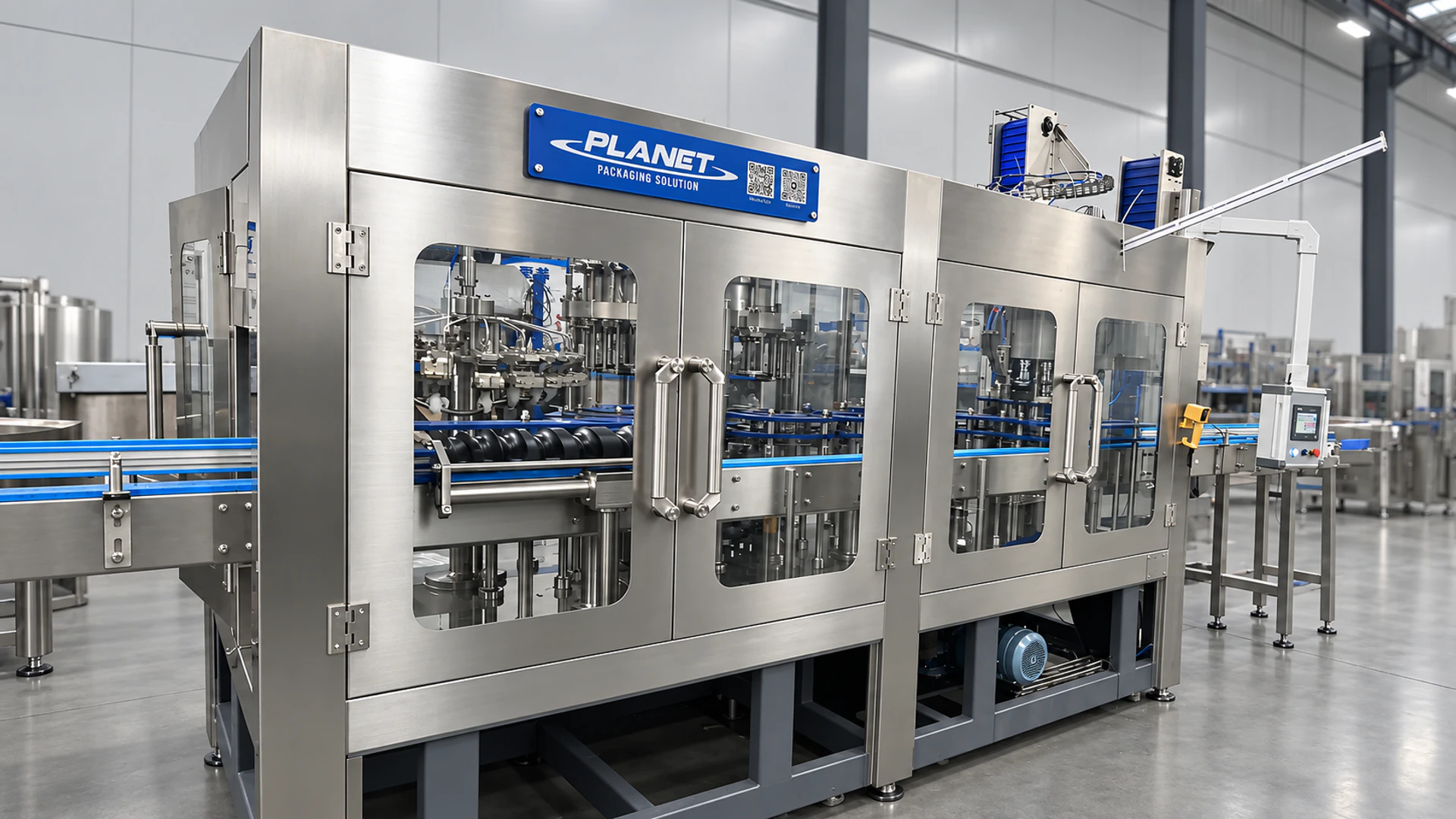 Complete Planet Machinery glass bottle carbonated soft drink rinsing, filling and closing monoblock in a clean workshop
