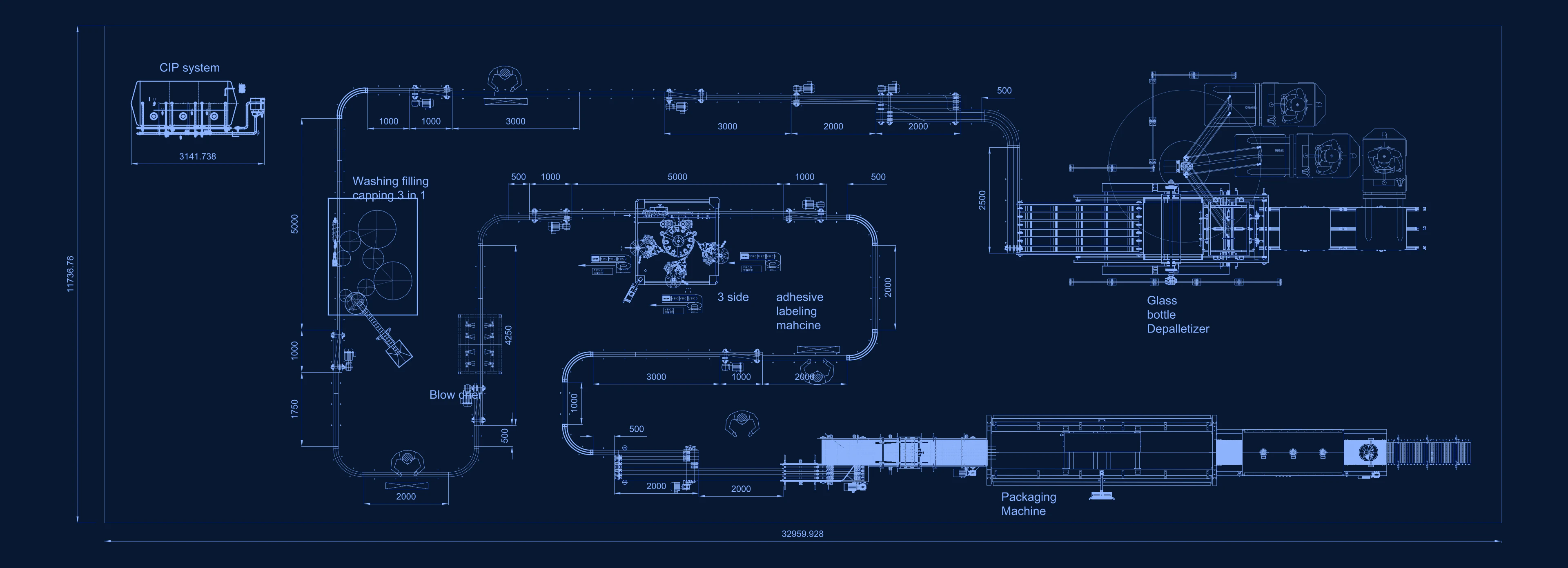 CAD plan of the complete glass bottle carbonated soft drink line with CIP, filling, labeling, depalletizing, conveying and packing equipment