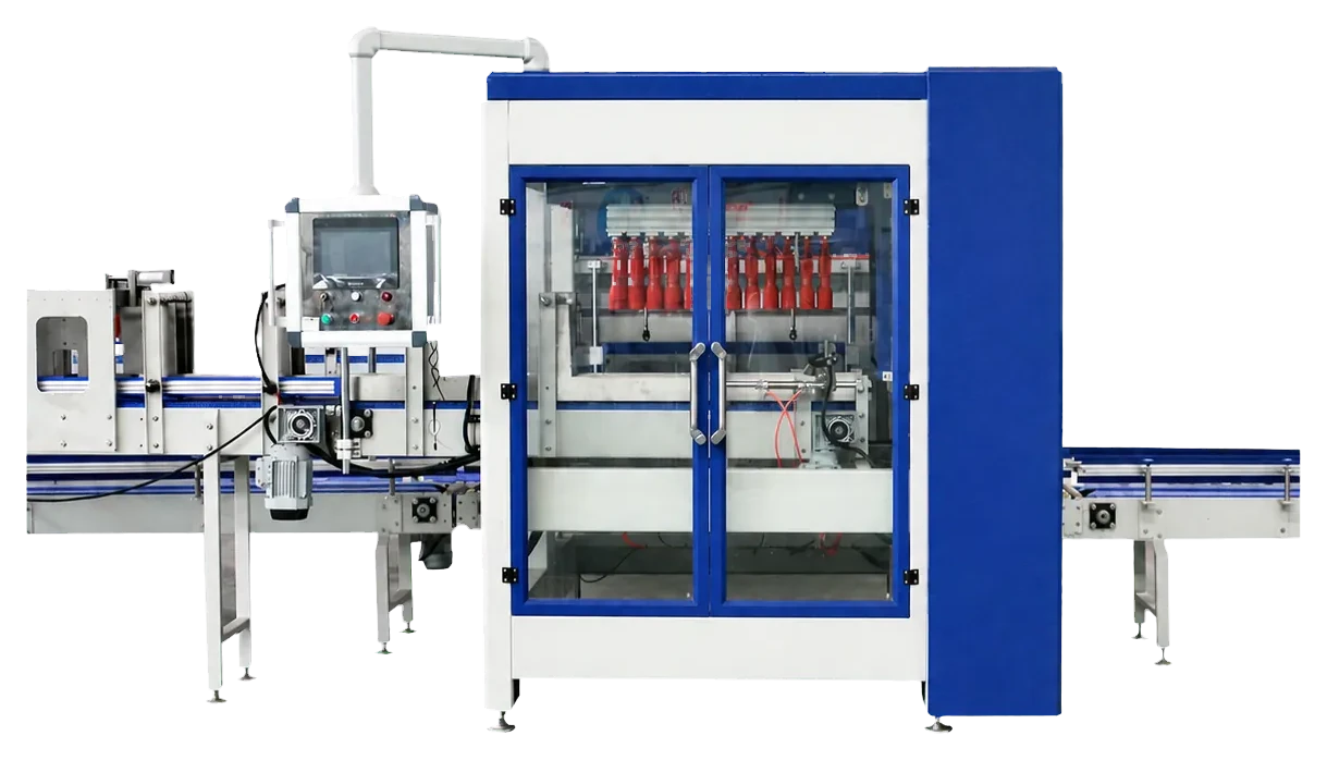 Bottle case-packing equipment illustrating protective secondary packaging for glass bottles