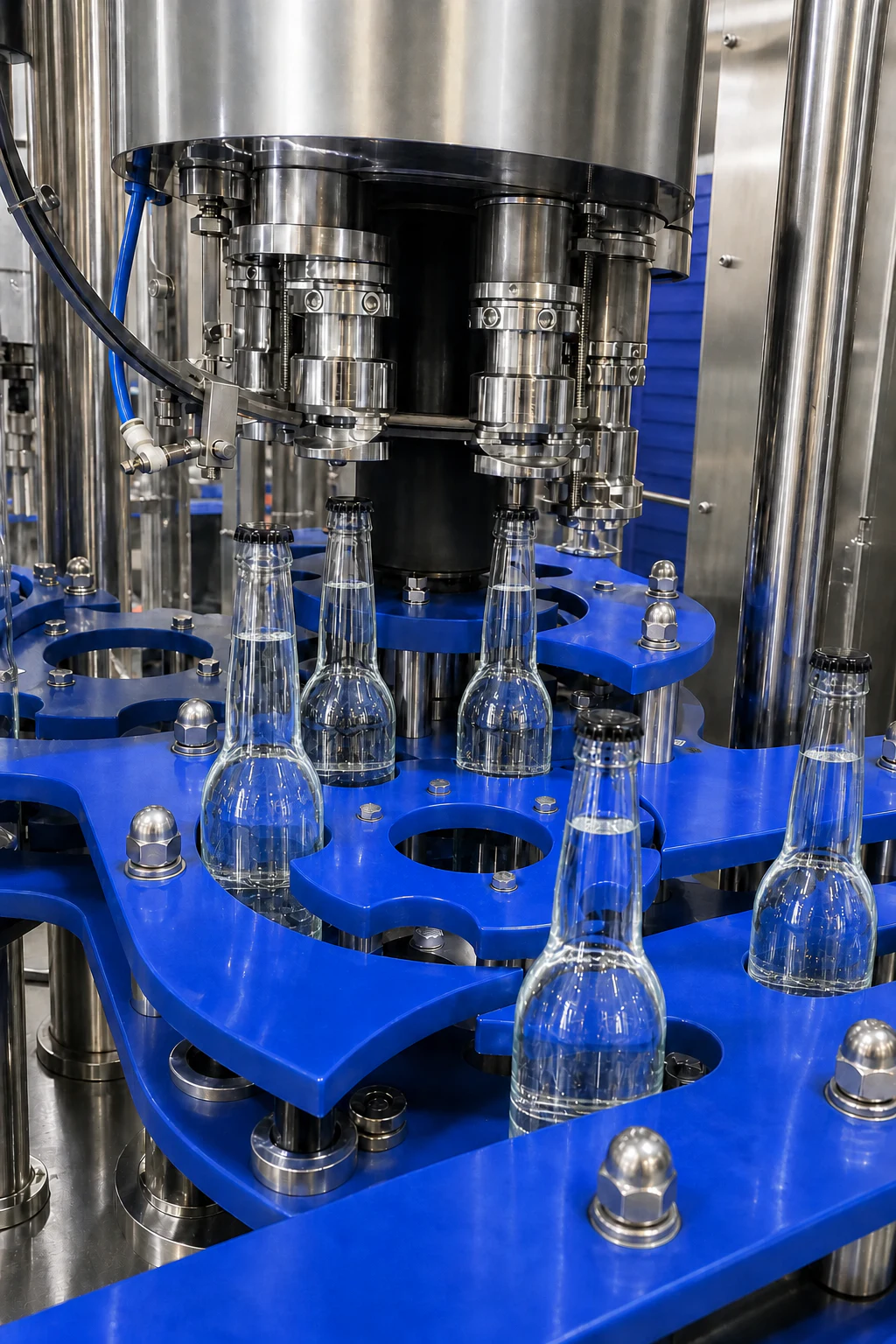 Clear glass bottles moving through the blue rotary filling and closing station