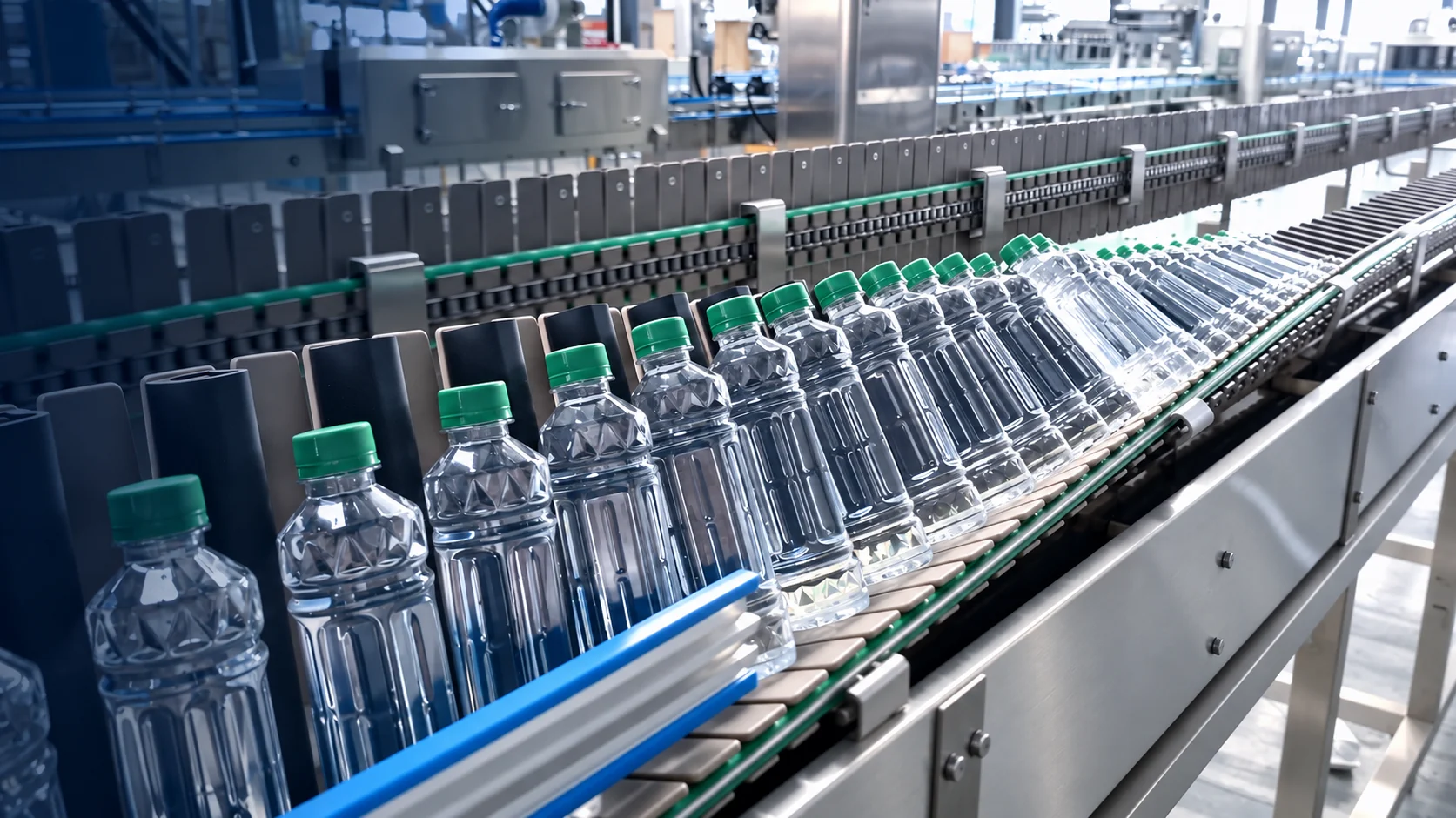Clear PET beverage bottles moving along a complete juice filling production line