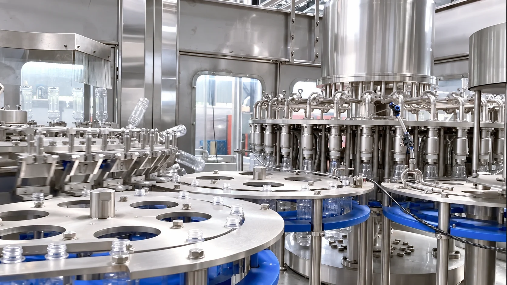Inside view of a stainless-steel PET juice filling monoblock with rotary bottle handling and filling stations