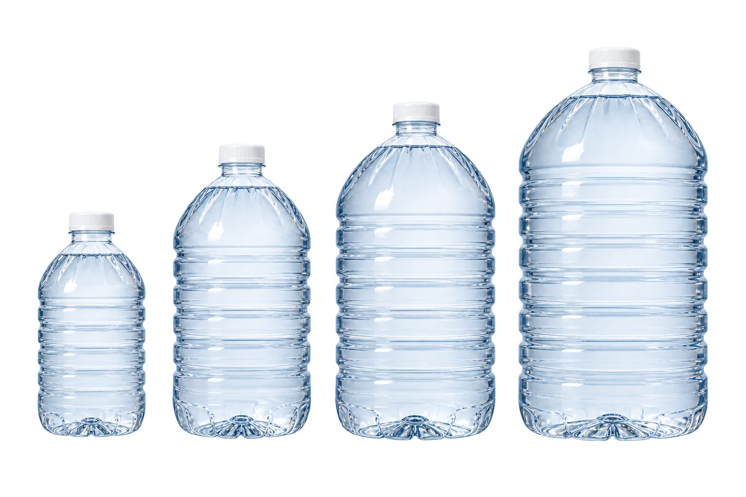 Four finished clear PET water bottles in graduated 5 litre, 10 litre, 15 litre and 19 litre formats
