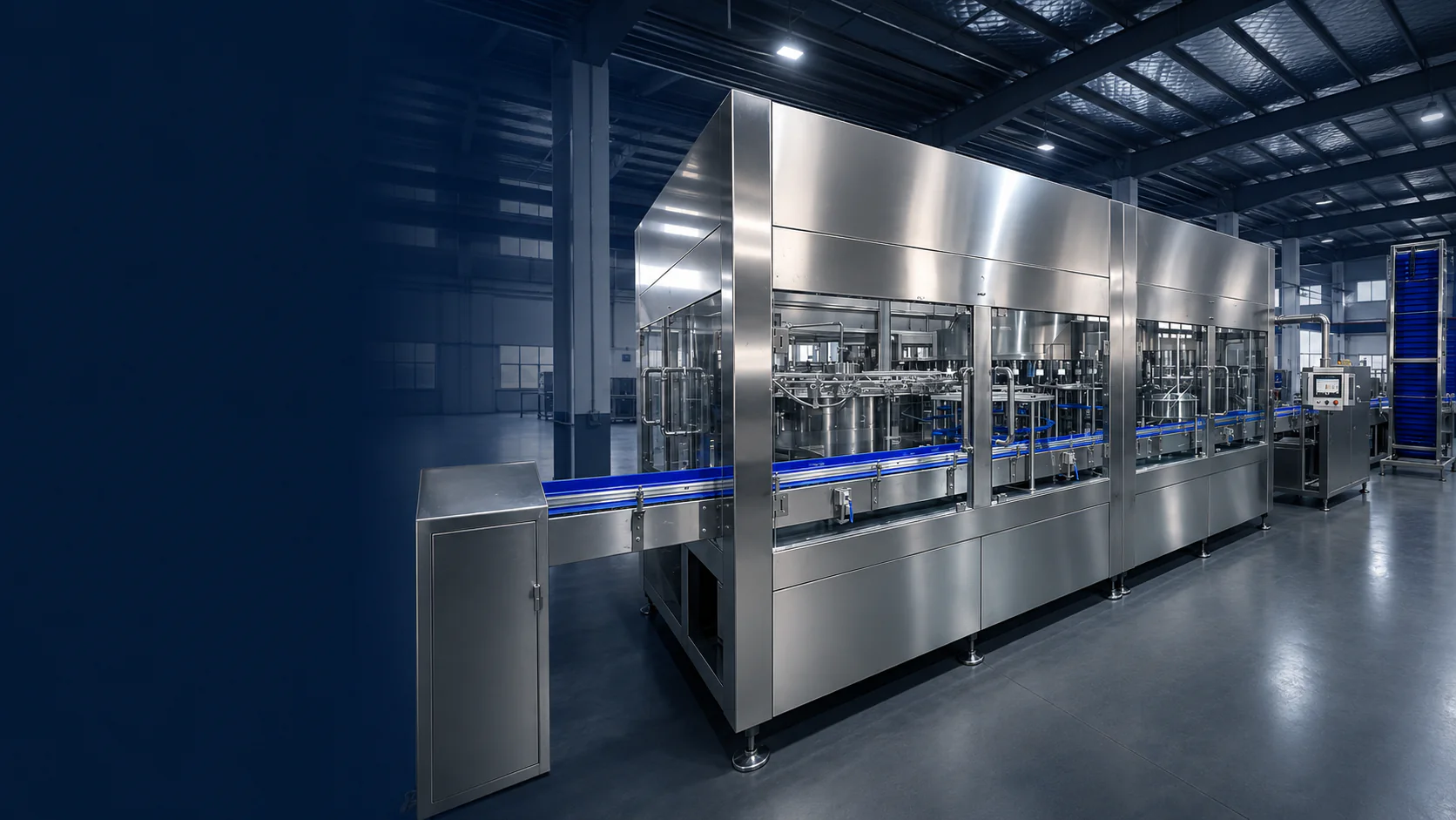 Complete stainless-steel 5 to 19 litre PET water rinsing filling and capping machine in a clean machinery assembly workshop