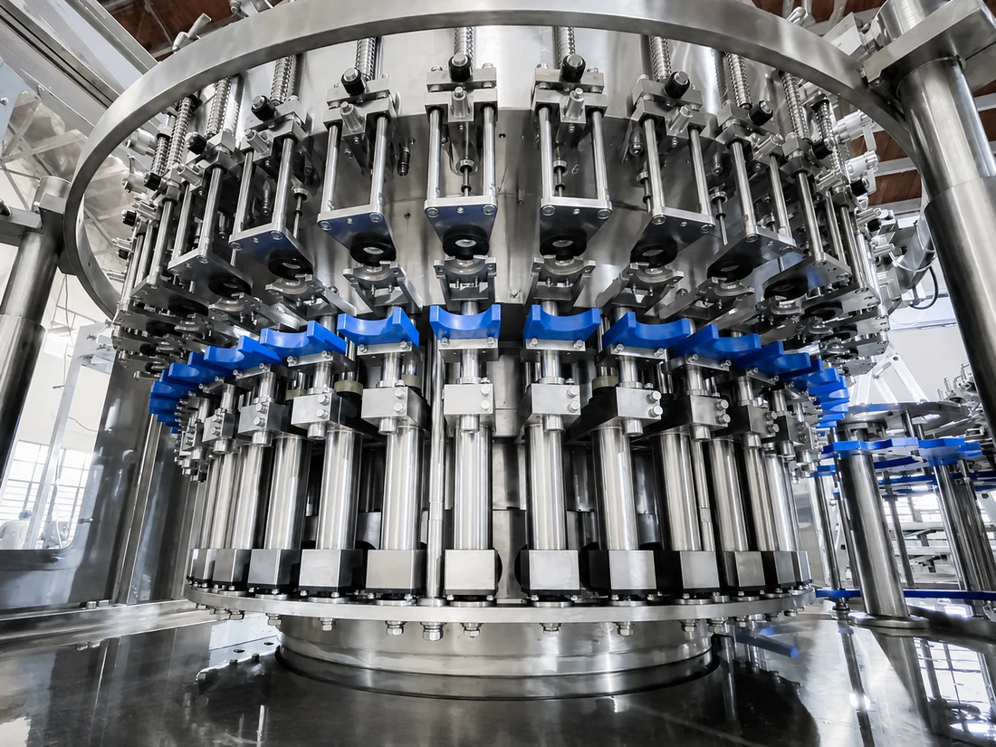 PLANET counter-pressure filling valves and blue PET bottle-neck supports