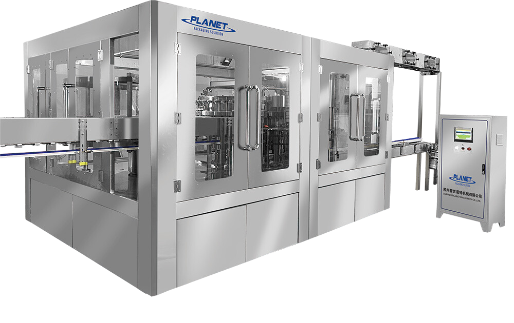 Original PLANET rinse-fill-cap monoblock photograph with unchanged glass windows and operator cabinet