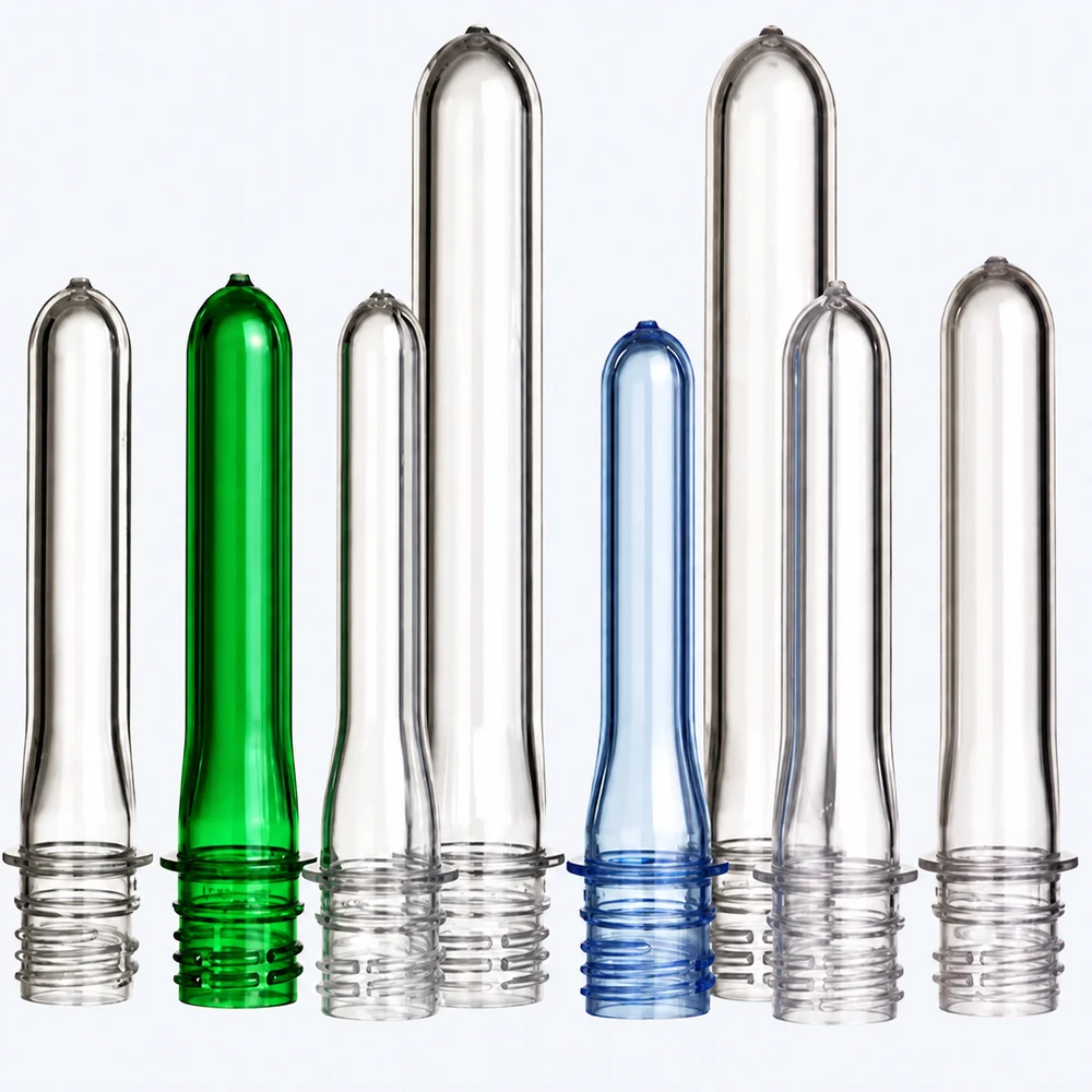 Clear, green and blue PET preforms in different lengths and widths with threaded neck finishes