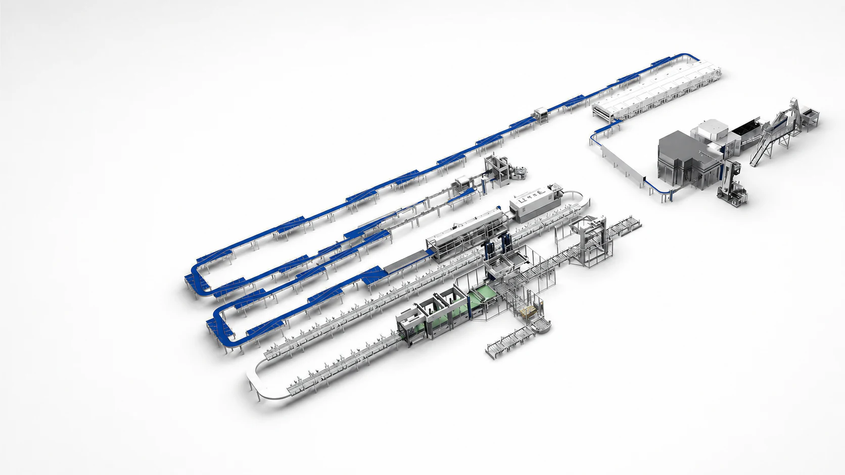 Three-dimensional overview of a complete PET bottled-water production line with filling, conveying and packaging equipment