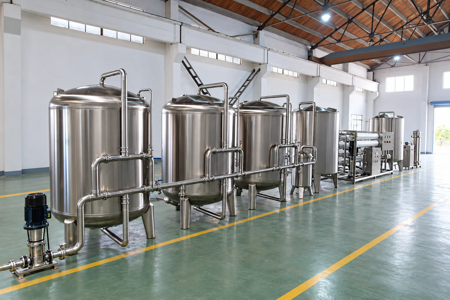 Complete clean bottled-water treatment system showing the raw-water pump, media filters, reverse osmosis, ozone mixing and UV sterilization equipment
