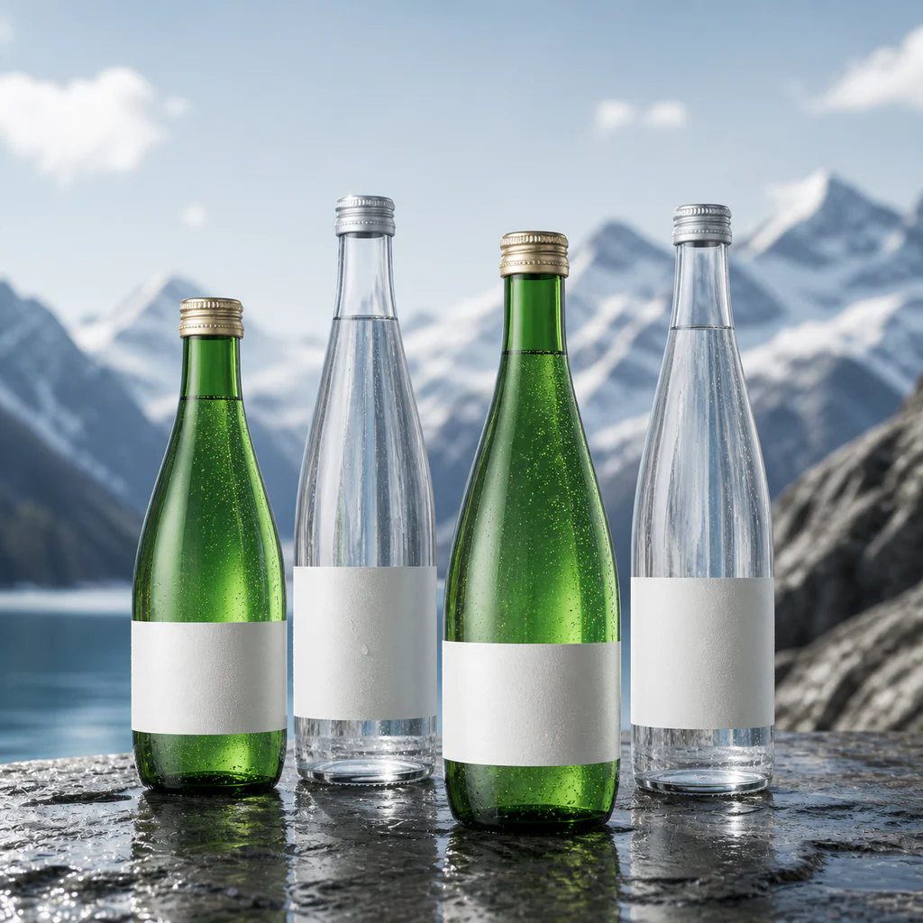 Unbranded natural mineral water products in clear glass bottles
