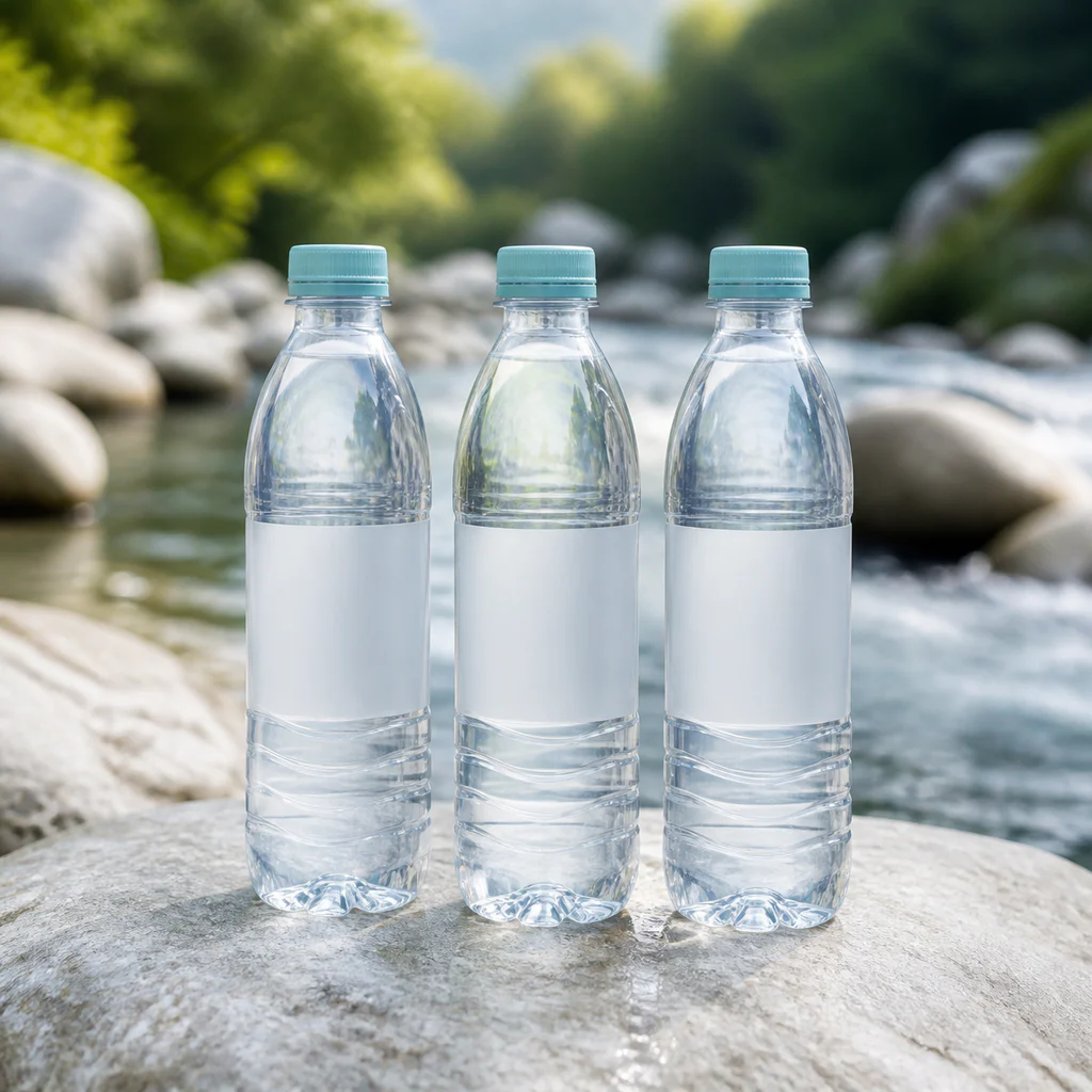 Unbranded spring water products beside a natural spring source