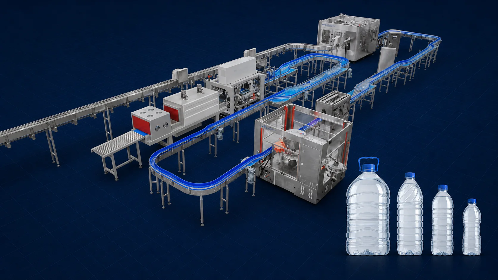 Complete water bottling line with treatment, filling, conveying and packaging equipment